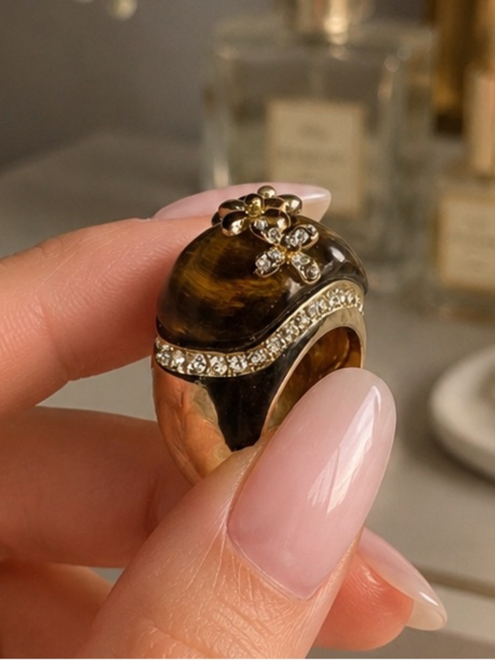 Camille Lucie Signed Tiger Eye Floral Statement Ring Sz 9.5 NOS Vintage
